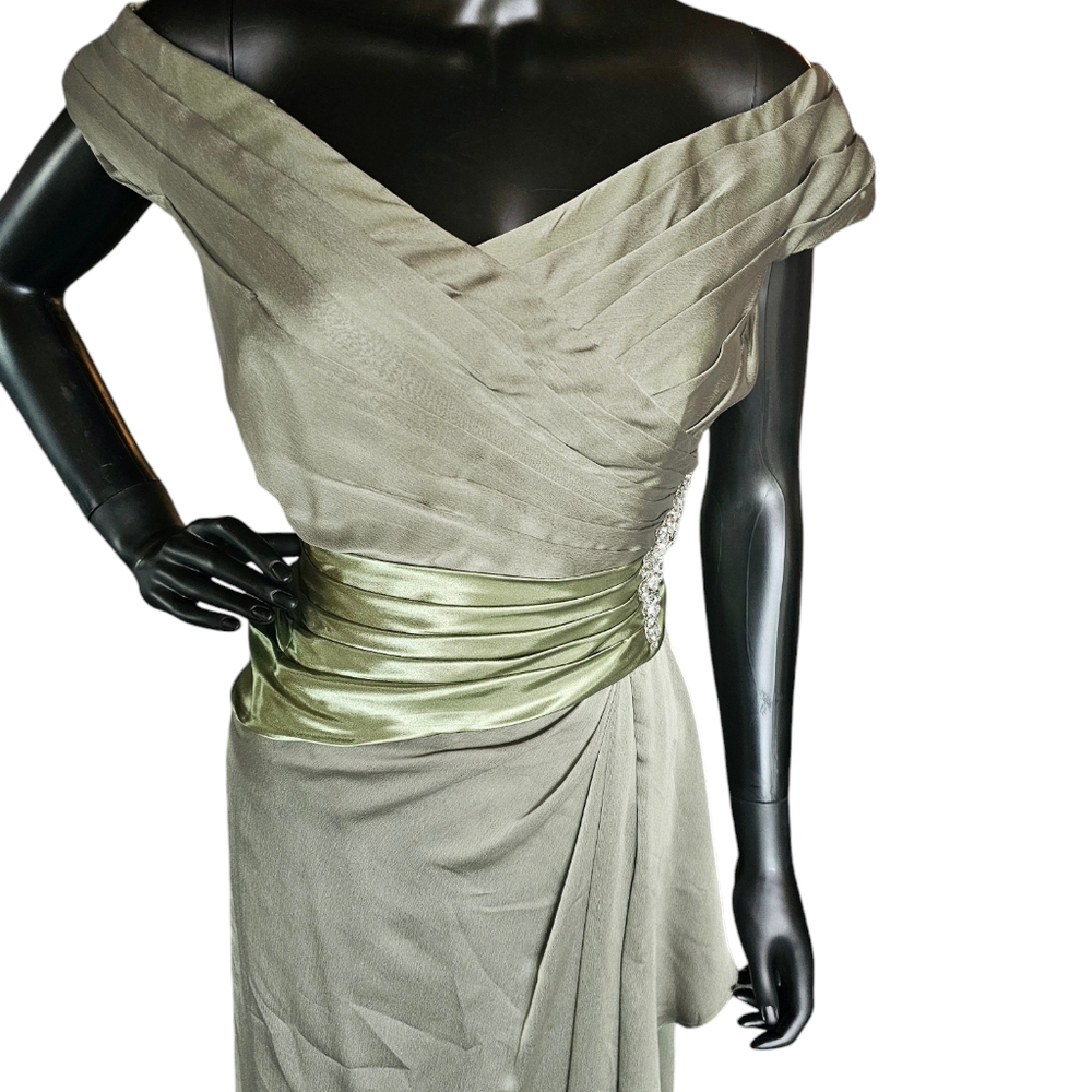 Jasmine Olive Shimmer Organza Off Shoulder Gown - Picture 2 of 3